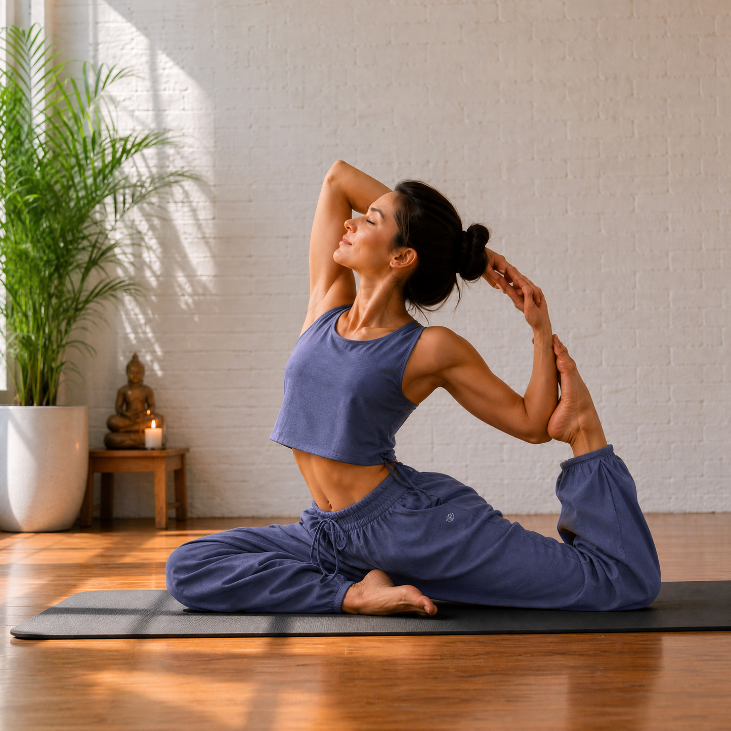 Ananda 100% Cotton Yoga Crop Top with Side Tie for Women - Celtic Blue