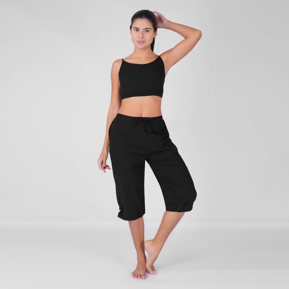 Women 100% Cotton Yoga Pants and Yoga Top - Prana Set - Black — view 1