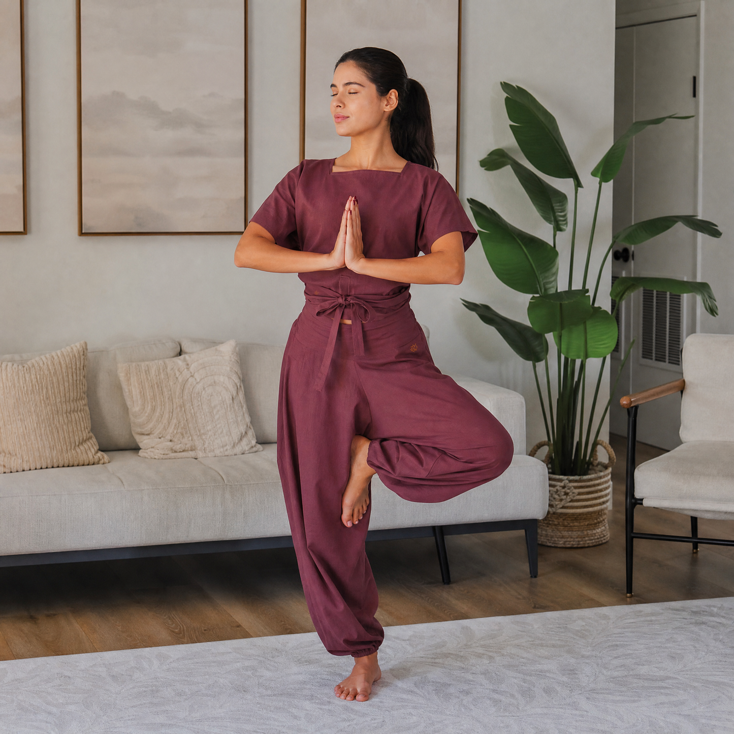 Women 100% Cotton Zero Waste Cotton Yoga Harem Pants and Yoga Top Set - In Rose Pink