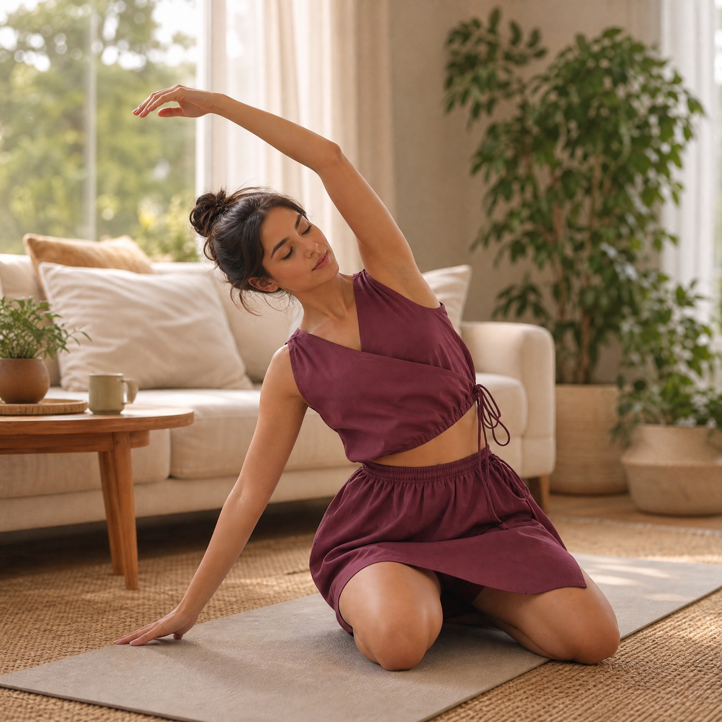 Isha Yoga Pants (Skort) and Top in Rose Pink 100% Cotton V-neck sleeveless vest and skort with half elasticed waistband