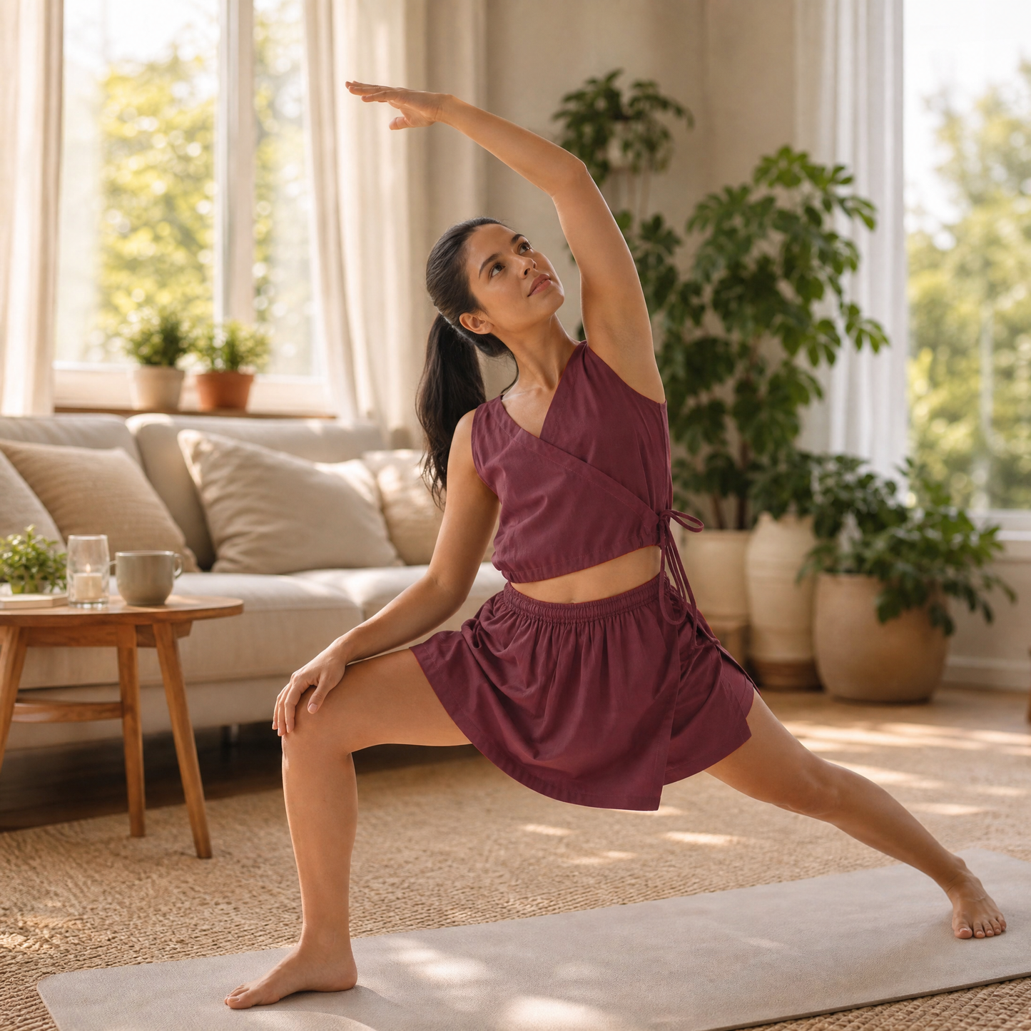 Isha Yoga Pants (Skort) and Top in Rose Pink 100% Cotton V-neck sleeveless vest and skort with half elasticed waistband