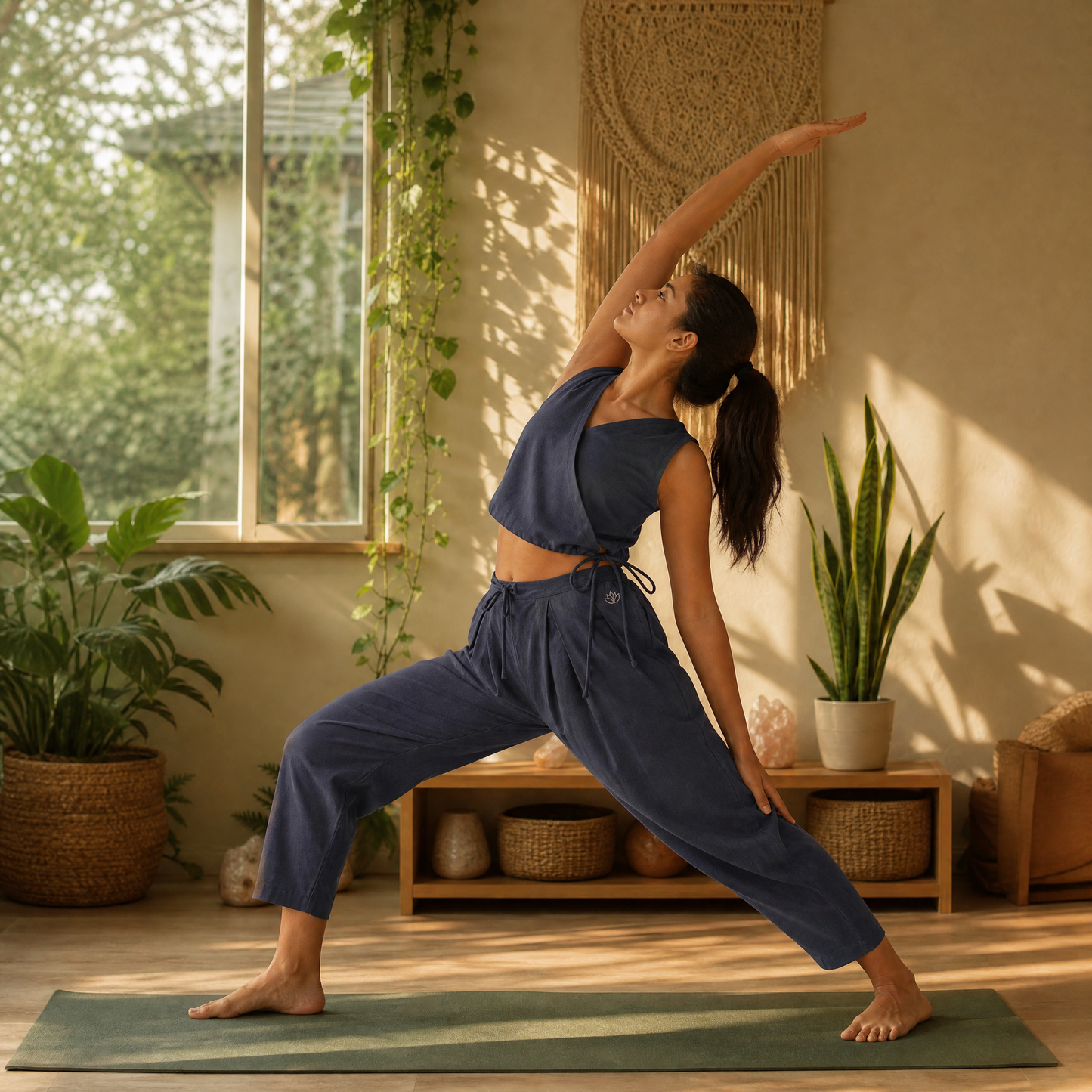 Sama Yoga Top 100% Cotton Sleeveless V Neck Short Top with Side Tie for Comfortable Fit - Celtic Blue