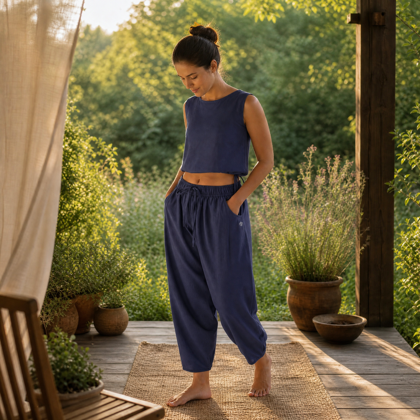 Ananda 100% Cotton Yoga Crop Top with Side Tie for Women - Celtic Blue
