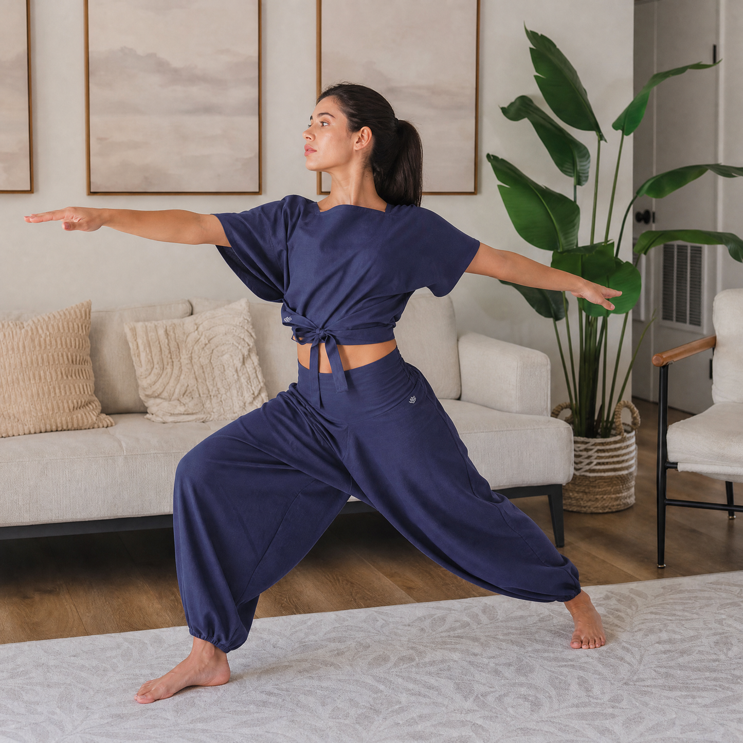 Shwet Women 100% Cotton Zero Waste Cotton Yoga Harem Pants and Yoga Top Set - In Celtic Blue