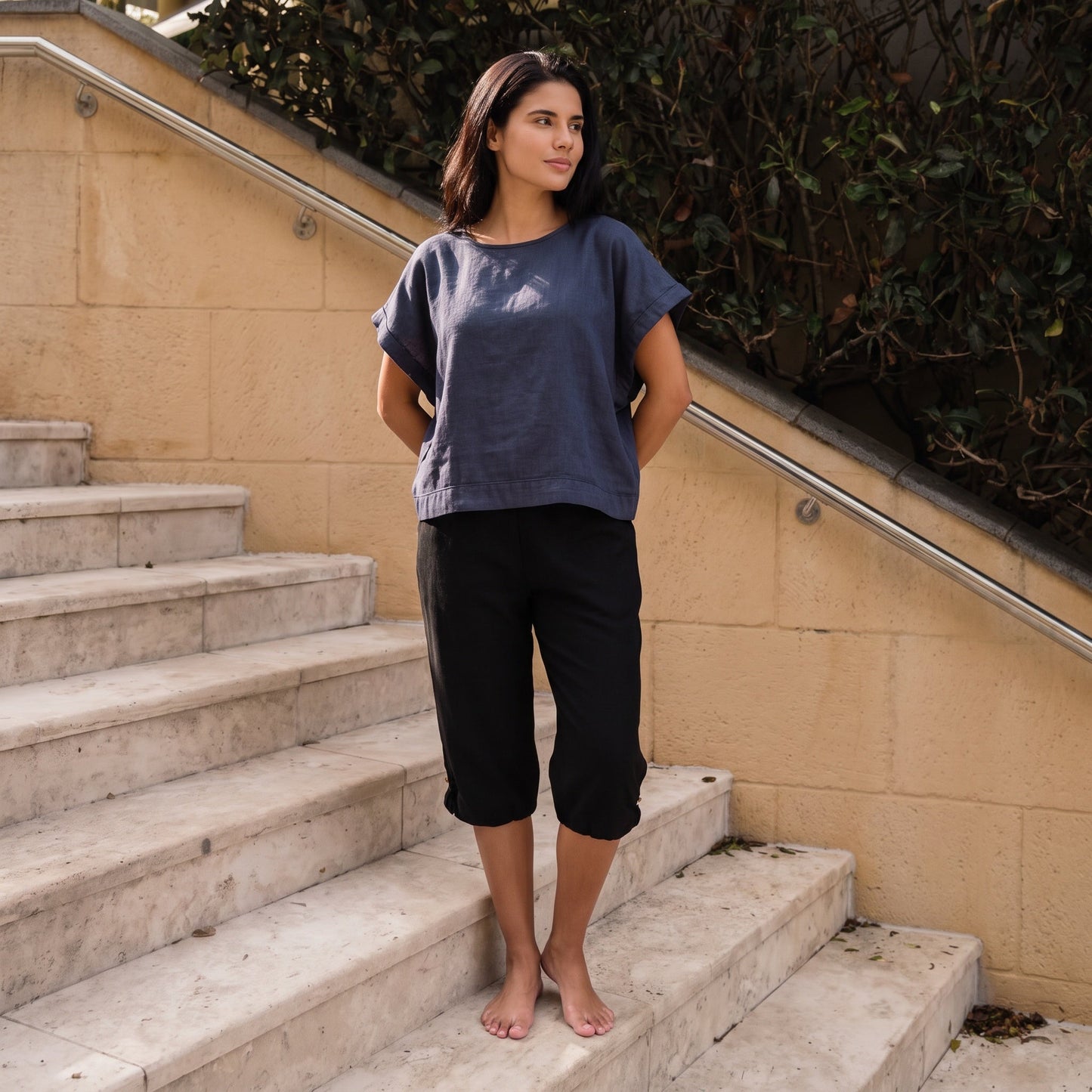 Saral Yoga Top 100% Cotton Sleeveless Top in Celtic Blue with open back for cover up