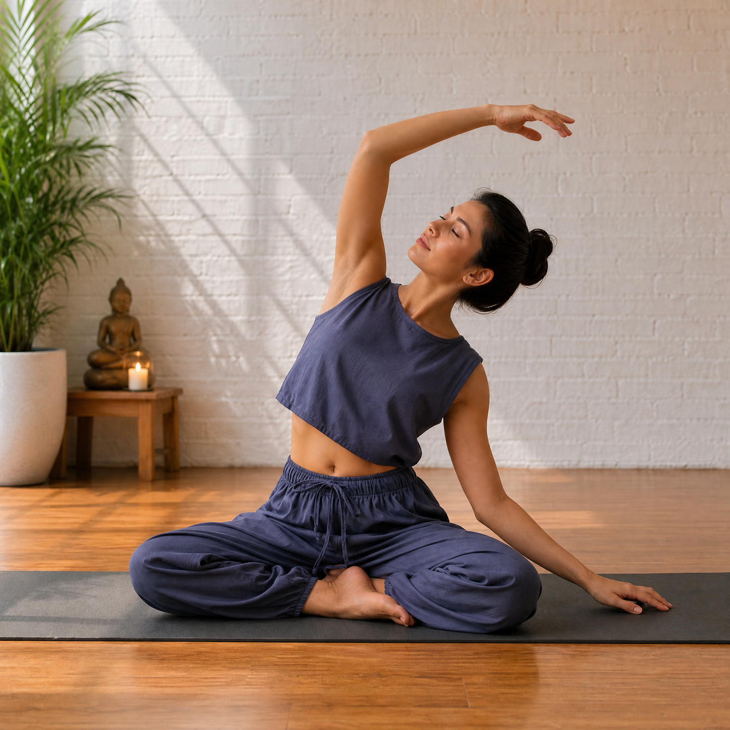 Ananda 100% Cotton Yoga Crop Top with Side Tie for Women - Celtic Blue