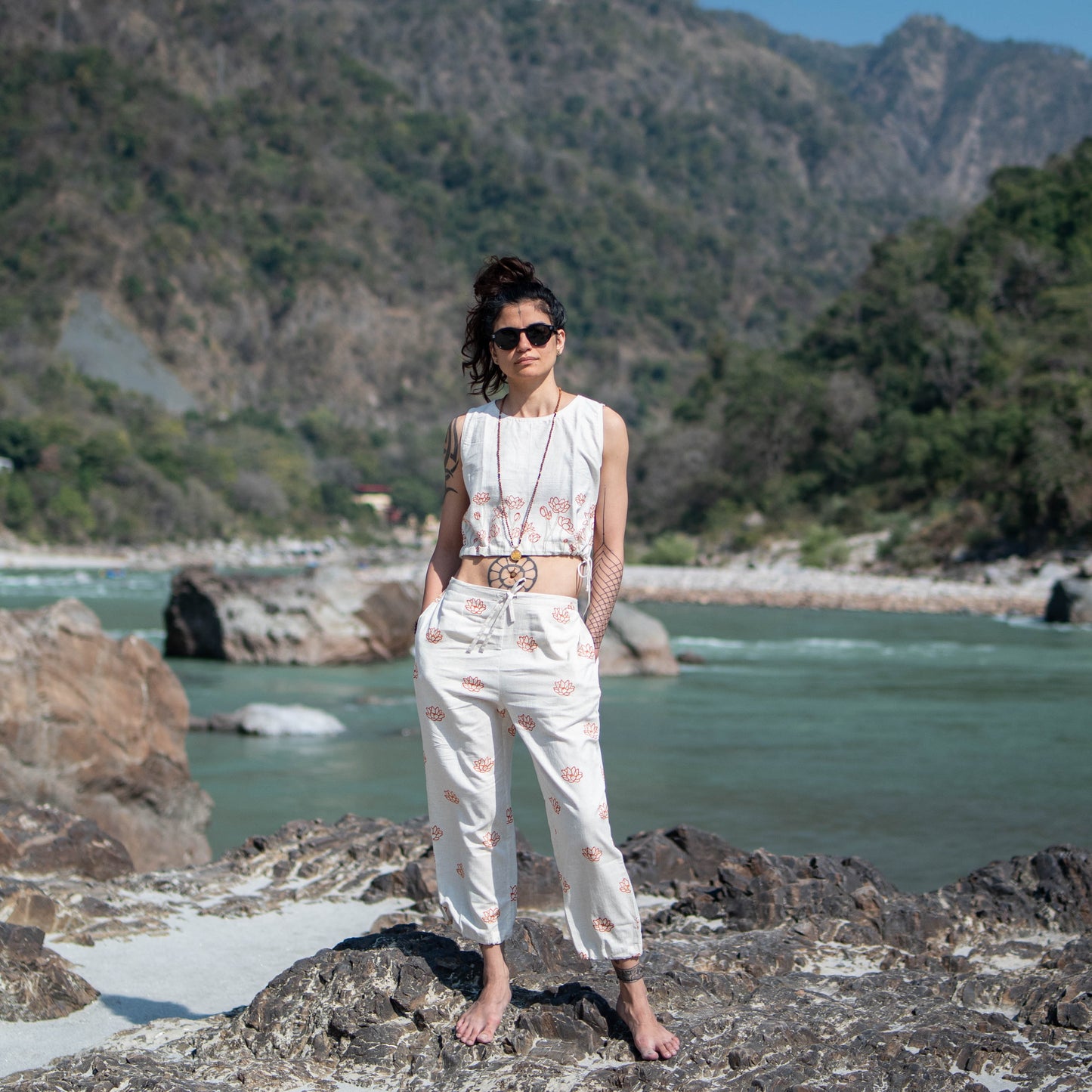 Women Cotton Hand Block Printed Yoga Pants and Yoga Top Set |AKISO