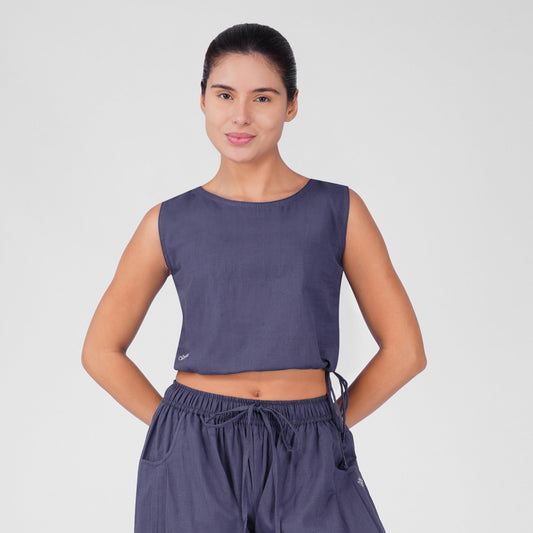 Ananda 100% Cotton Yoga Crop Top with Side Tie for Women - Celtic Blue