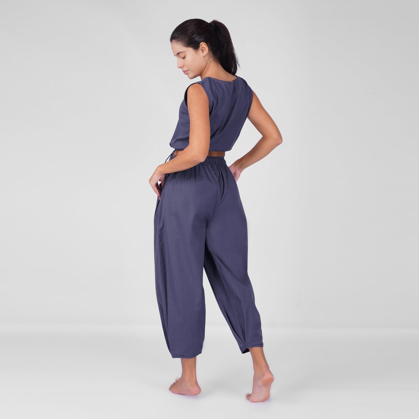 Sukha Yoga Set of 2 (Top & Pants) in 100% Cotton Sleeveless Round Neck Crop Top with Side Tie with baggy fit pants for comfort - Celtic Blue