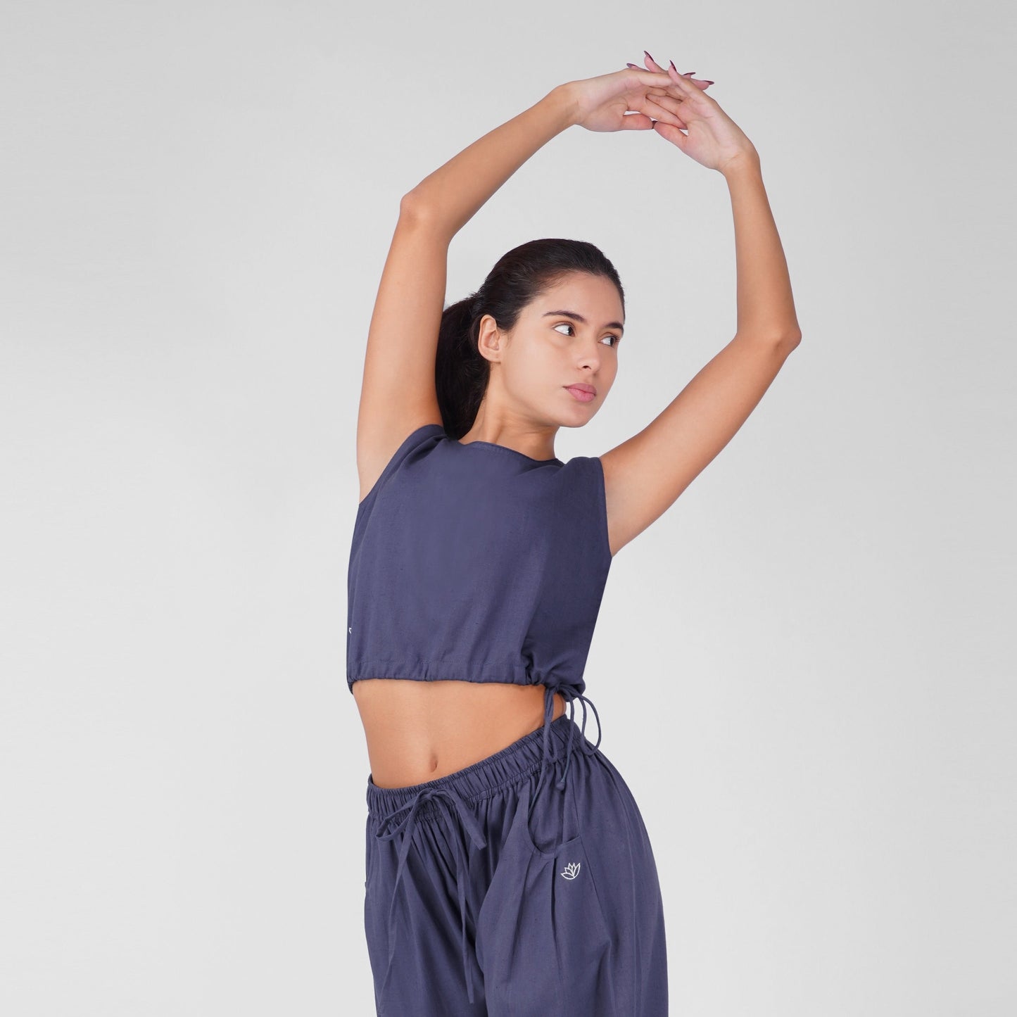 Ananda 100% Cotton Yoga Crop Top with Side Tie for Women - Celtic Blue