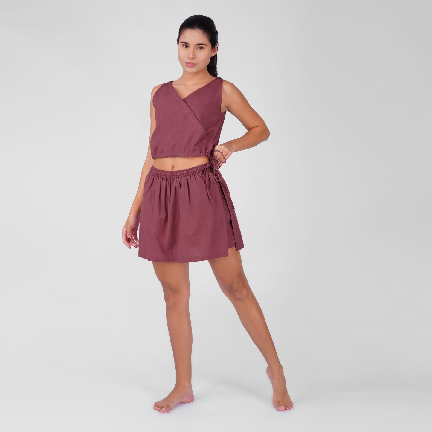 Isha Yoga Pants (Skort) and Top in Rose Pink 100% Cotton V-neck sleeveless vest and skort with half elasticed waistband