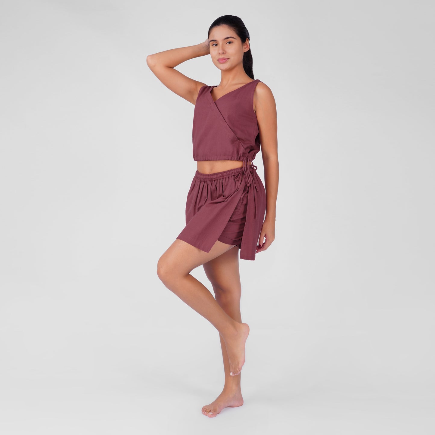 Isha Yoga Pants (Skort) and Top in Rose Pink 100% Cotton V-neck sleeveless vest and skort with half elasticed waistband