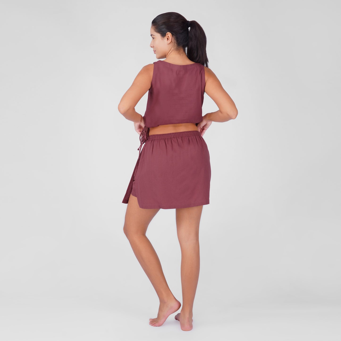 Isha Yoga Pants (Skort) and Top in Rose Pink 100% Cotton V-neck sleeveless vest and skort with half elasticed waistband