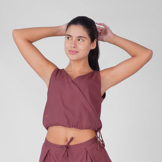 Sama Yoga Top 100% Cotton Sleeveless V Neck Short Top with Side Tie for Comfortable Fit - Rose Pink