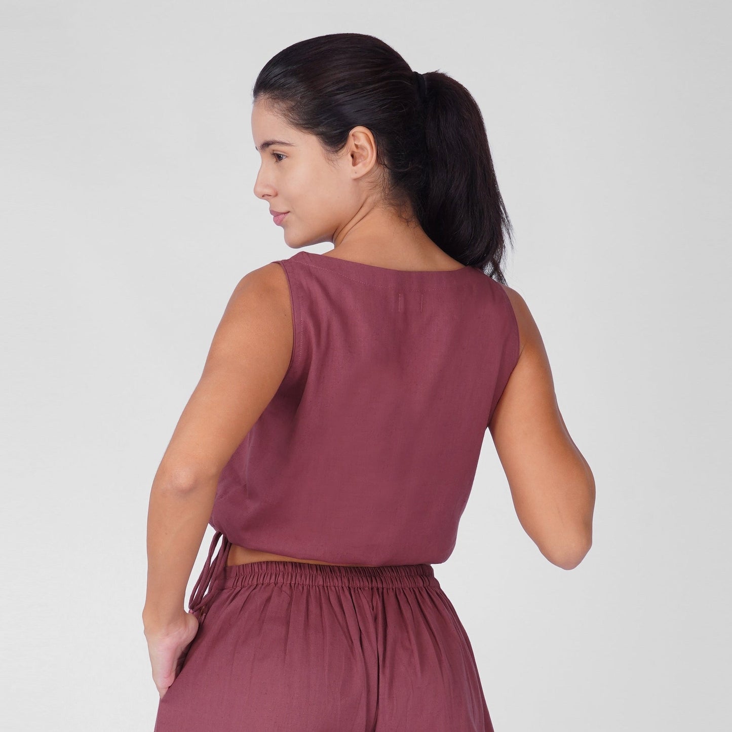Sama Yoga Top 100% Cotton Sleeveless V Neck Short Top with Side Tie for Comfortable Fit - Rose Pink