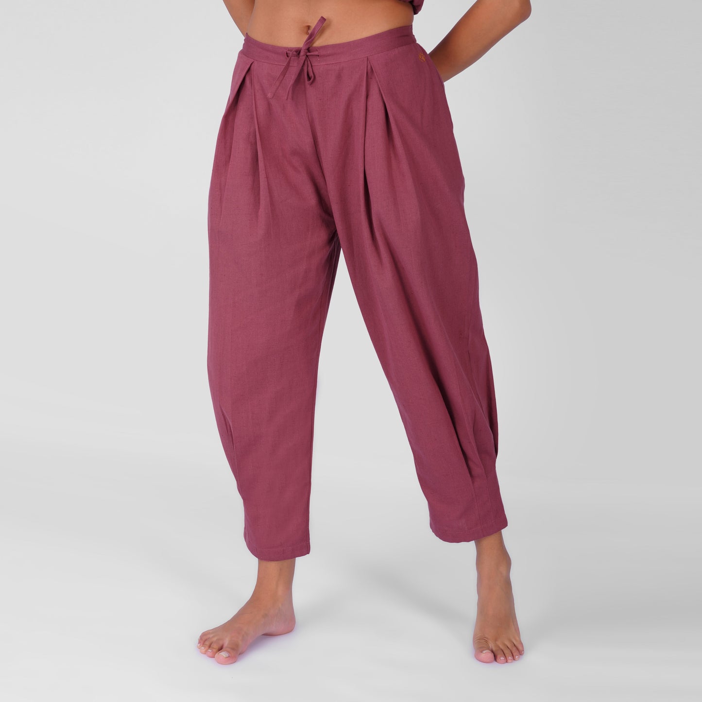 Sama Yoga Set of 2 (Top & Pants) 100% Cotton Sleeveless V Neck Short Top with Side Tie and mid waist pants Elasticised back tapered fit with box pleats- In Rose Pink