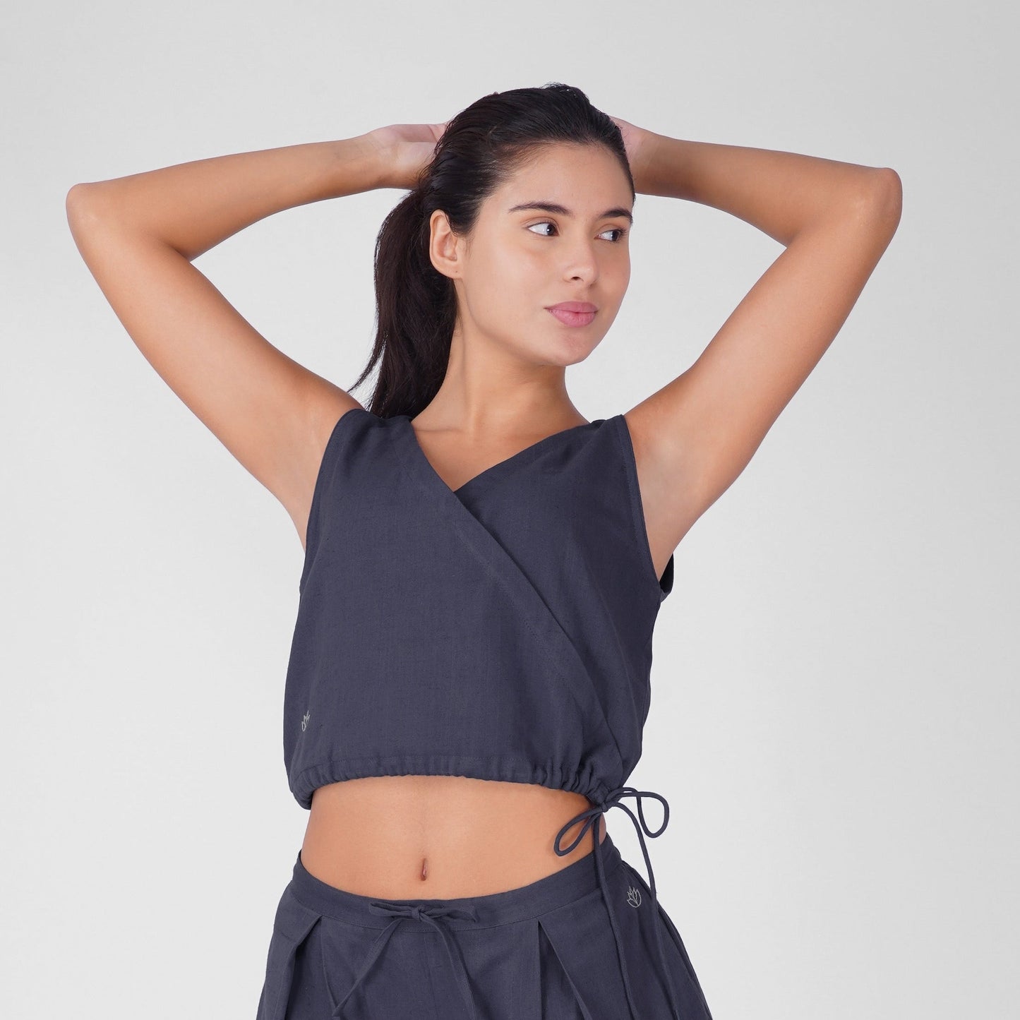 Sama Yoga Top 100% Cotton Sleeveless V Neck Short Top with Side Tie for Comfortable Fit - Celtic Blue