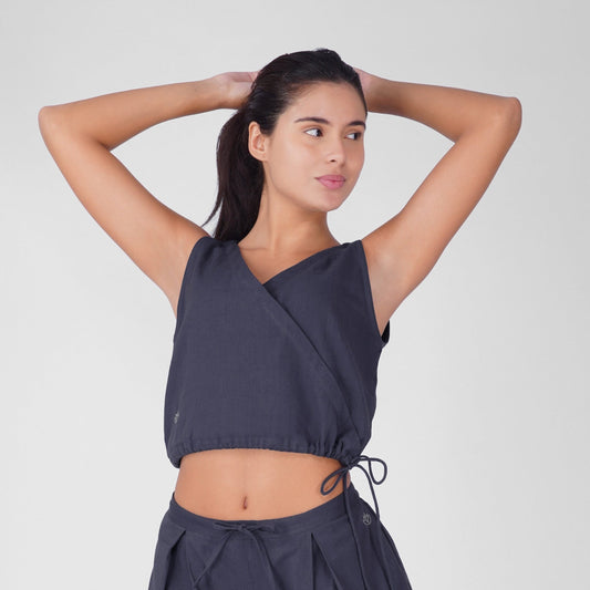 Sama Yoga Top 100% Cotton Sleeveless V Neck Short Top with Side Tie for Comfortable Fit - Celtic Blue