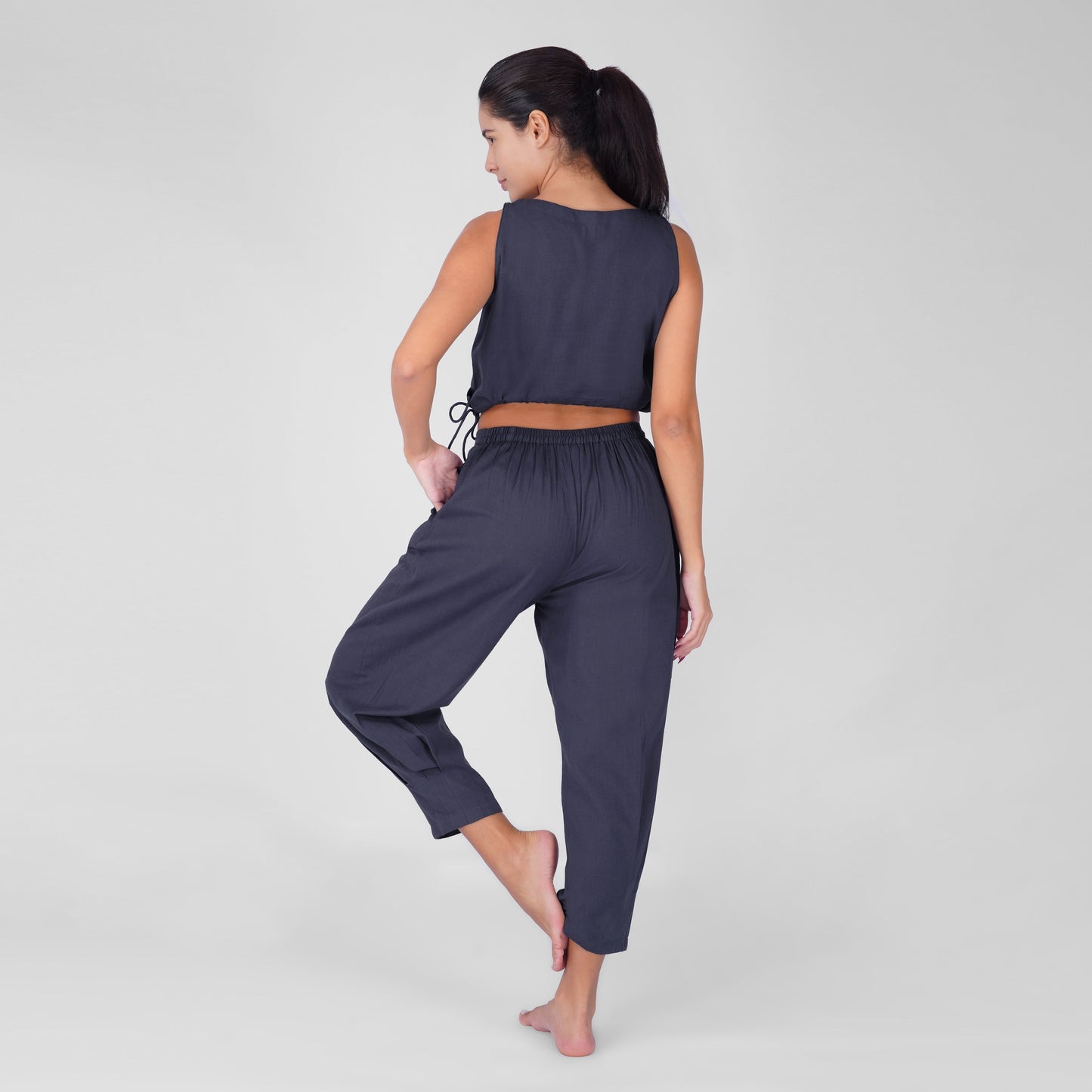 Sama Yoga Set of 2 (Top & Pants) 100% Cotton Sleeveless V Neck Short Top with Side Tie and mid waist pants Elasticised back tapered fit with box pleats- In Celtic Blue