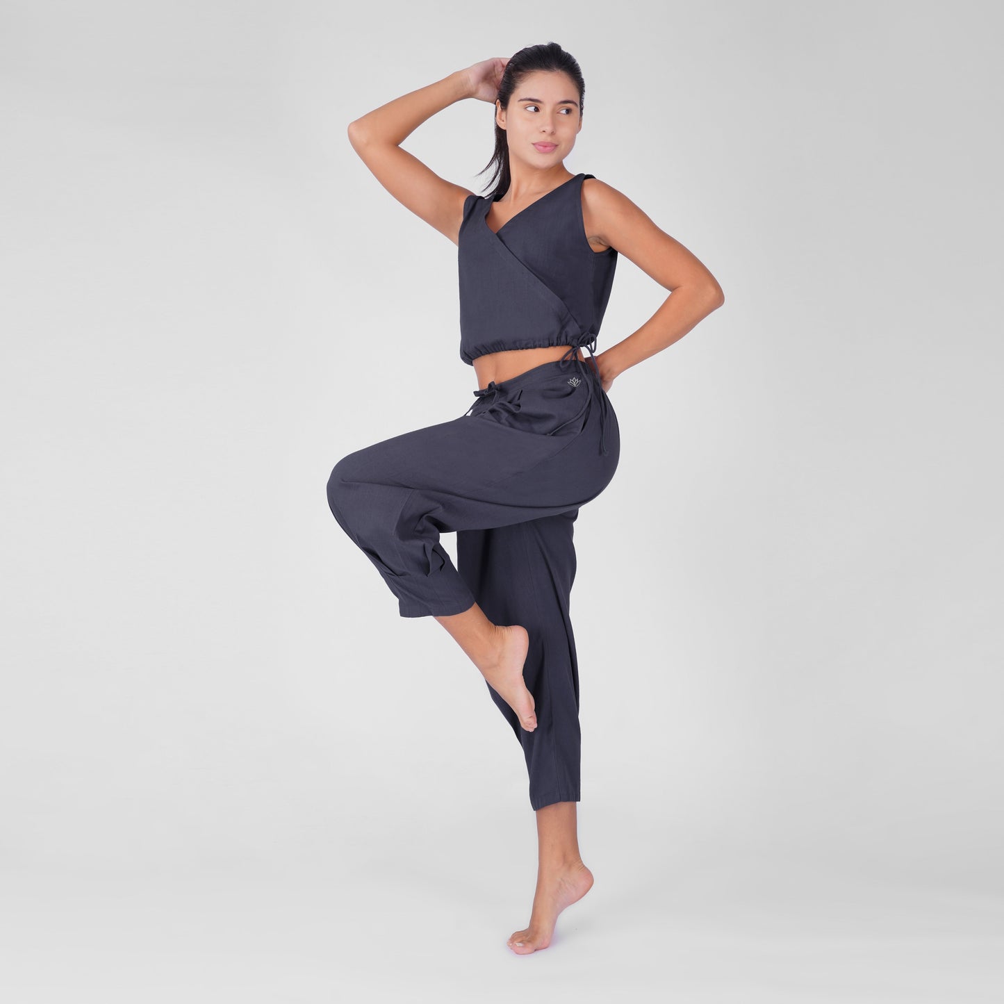 Sama Yoga Set of 2 (Top & Pants) 100% Cotton Sleeveless V Neck Short Top with Side Tie and mid waist pants Elasticised back tapered fit with box pleats- In Celtic Blue