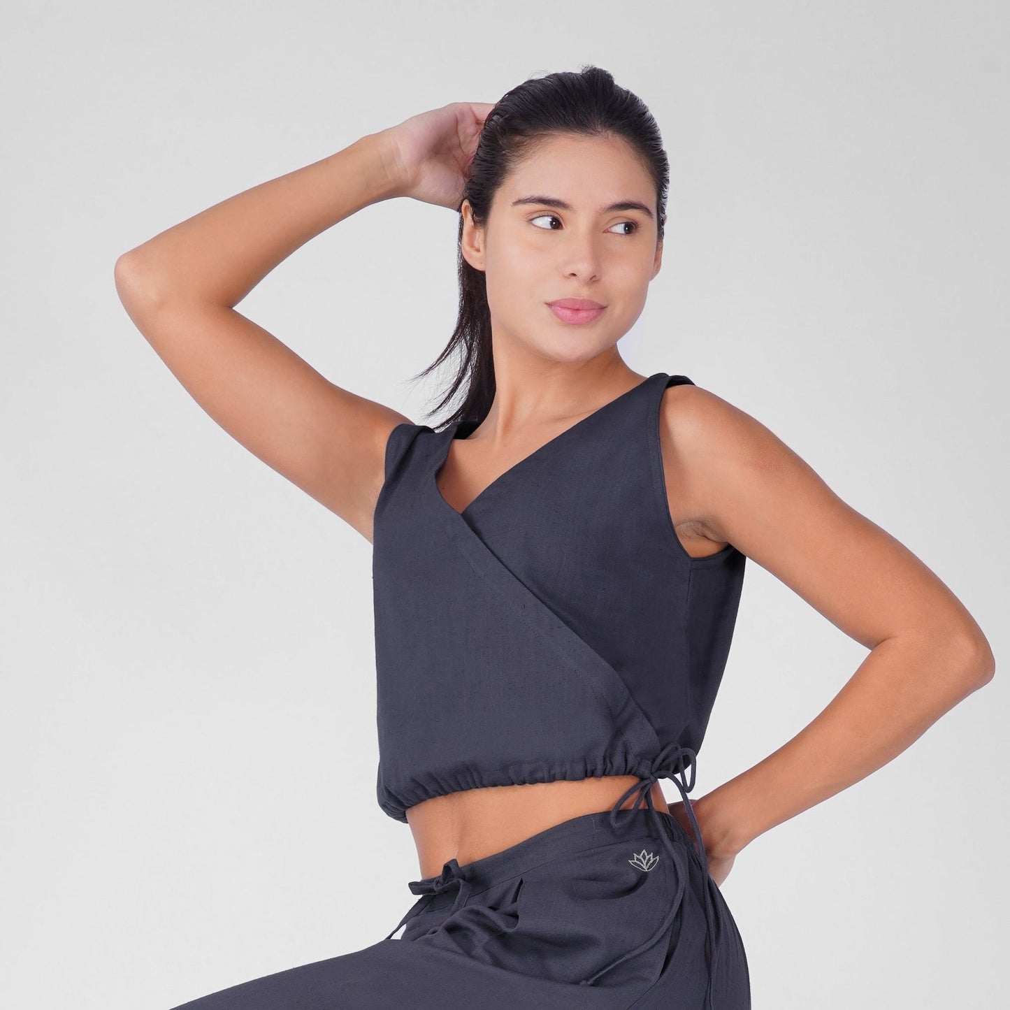 Sama Yoga Top 100% Cotton Sleeveless V Neck Short Top with Side Tie for Comfortable Fit - Celtic Blue