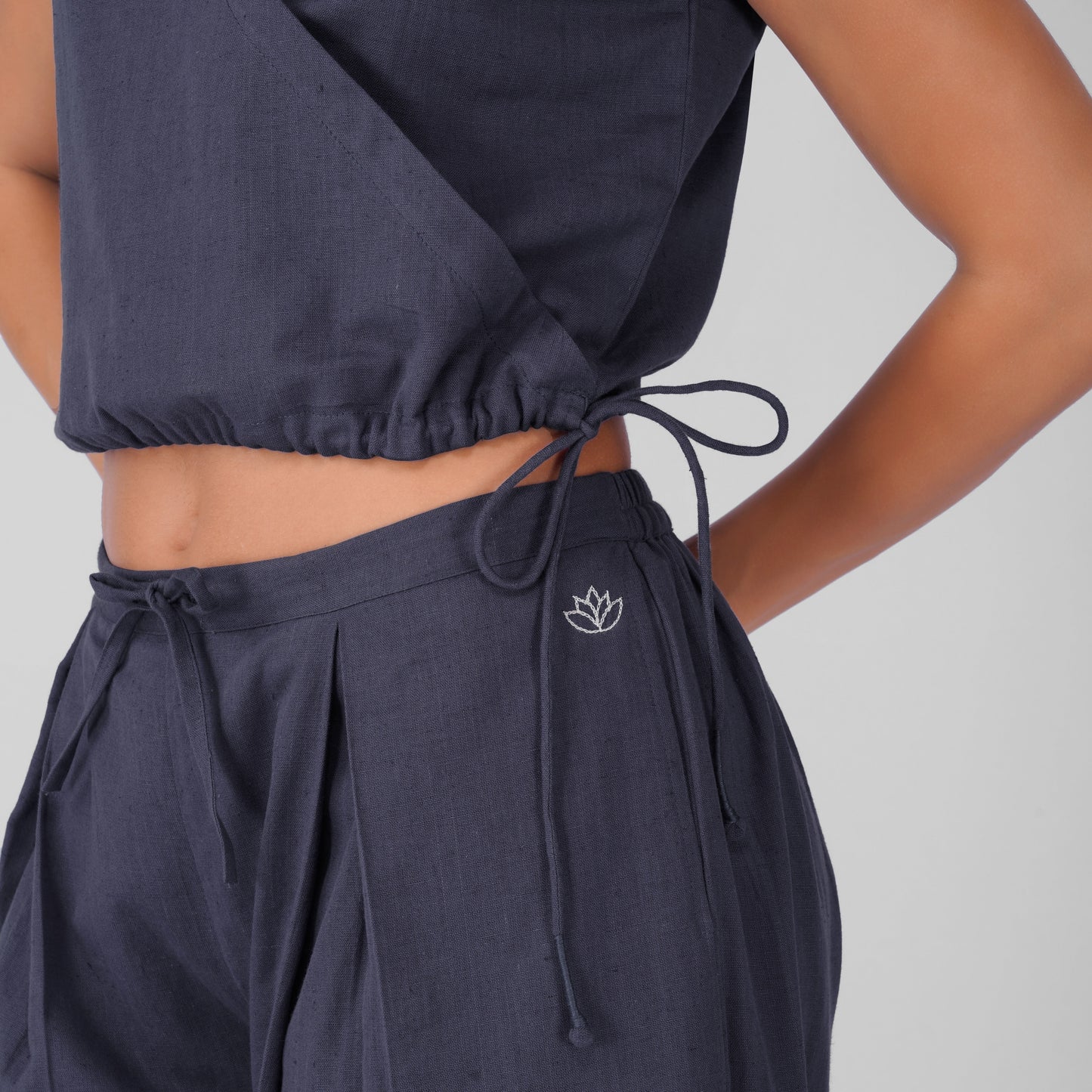 Sama Yoga Top 100% Cotton Sleeveless V Neck Short Top with Side Tie for Comfortable Fit - Celtic Blue