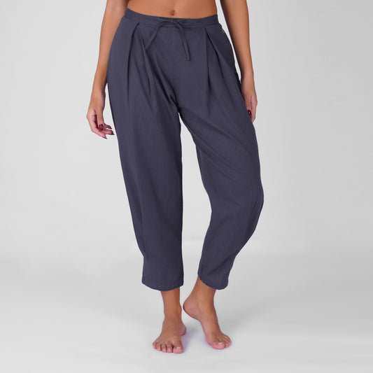 Tara Yoga Pants 100% Cotton Pleated Retro Relaxed Fit pants with Half Elasticised Waist for comfort - in Celtic Blue