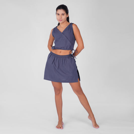 Isha Yoga Pants (Skort) and Top in Celtic Blue 100% Cotton V-neck sleeveless vest and skort with half elasticed waistband.