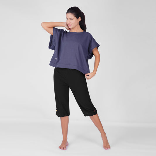Saral Yoga Top 100% Cotton Sleeveless Top in Celtic Blue with open back for cover up