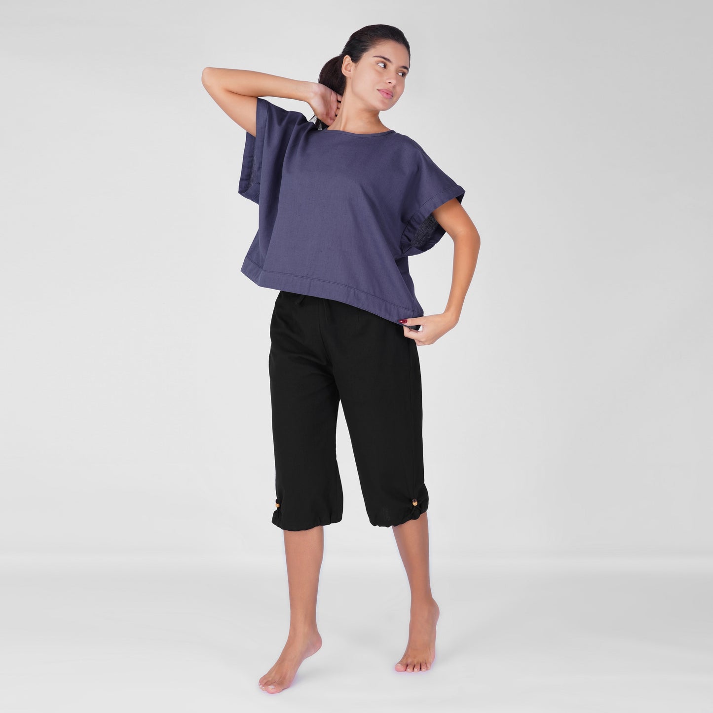 Saral Yoga Top 100% Cotton Sleeveless Top in Celtic Blue with open back for cover up