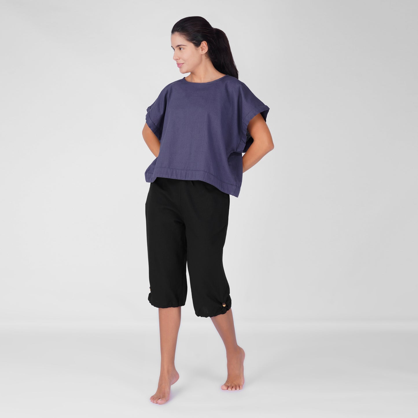 Saral Yoga Top 100% Cotton Sleeveless Top in Celtic Blue with open back for cover up