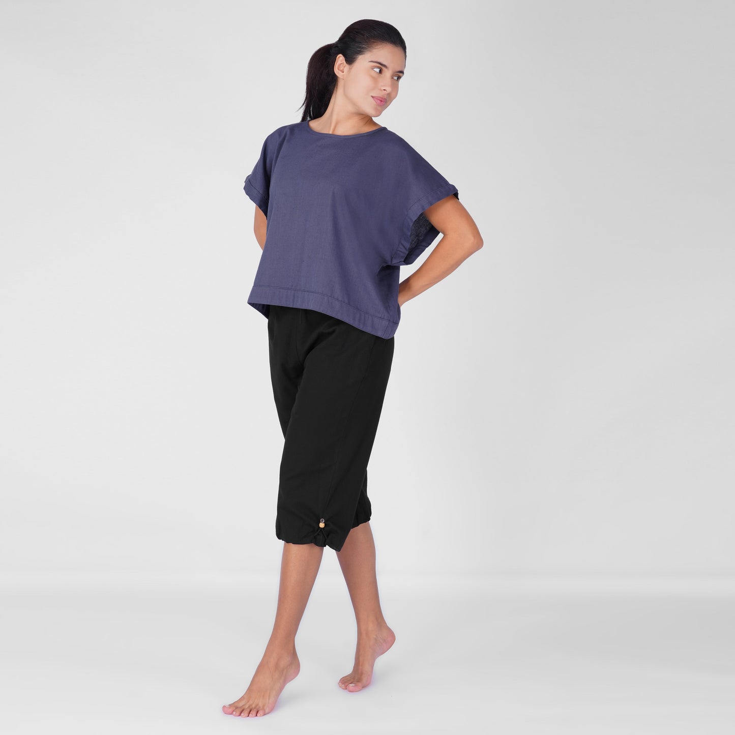Saral Yoga Top 100% Cotton Sleeveless Top in Celtic Blue with open back for cover up