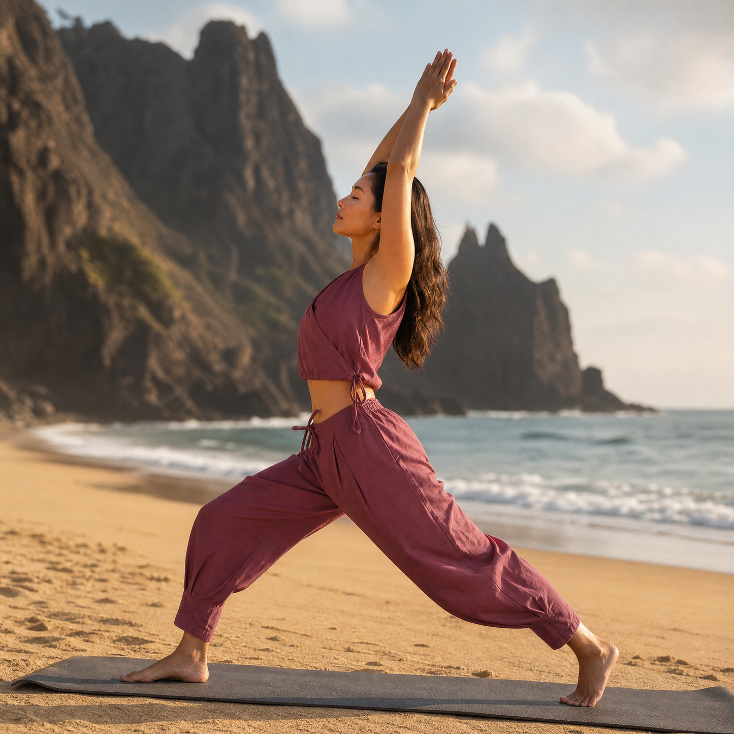 Sama Yoga Set of 2 (Top & Pants) 100% Cotton Sleeveless V Neck Short Top with Side Tie and mid waist pants Elasticised back tapered fit with box pleats- In Rose Pink