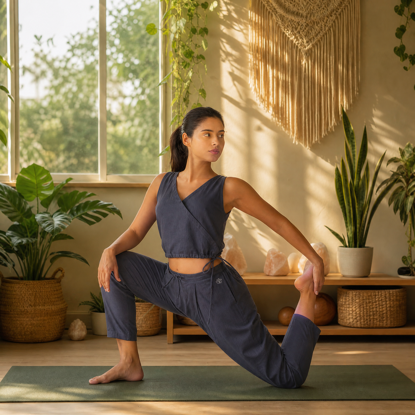 Sama Yoga Top 100% Cotton Sleeveless V Neck Short Top with Side Tie for Comfortable Fit - Celtic Blue