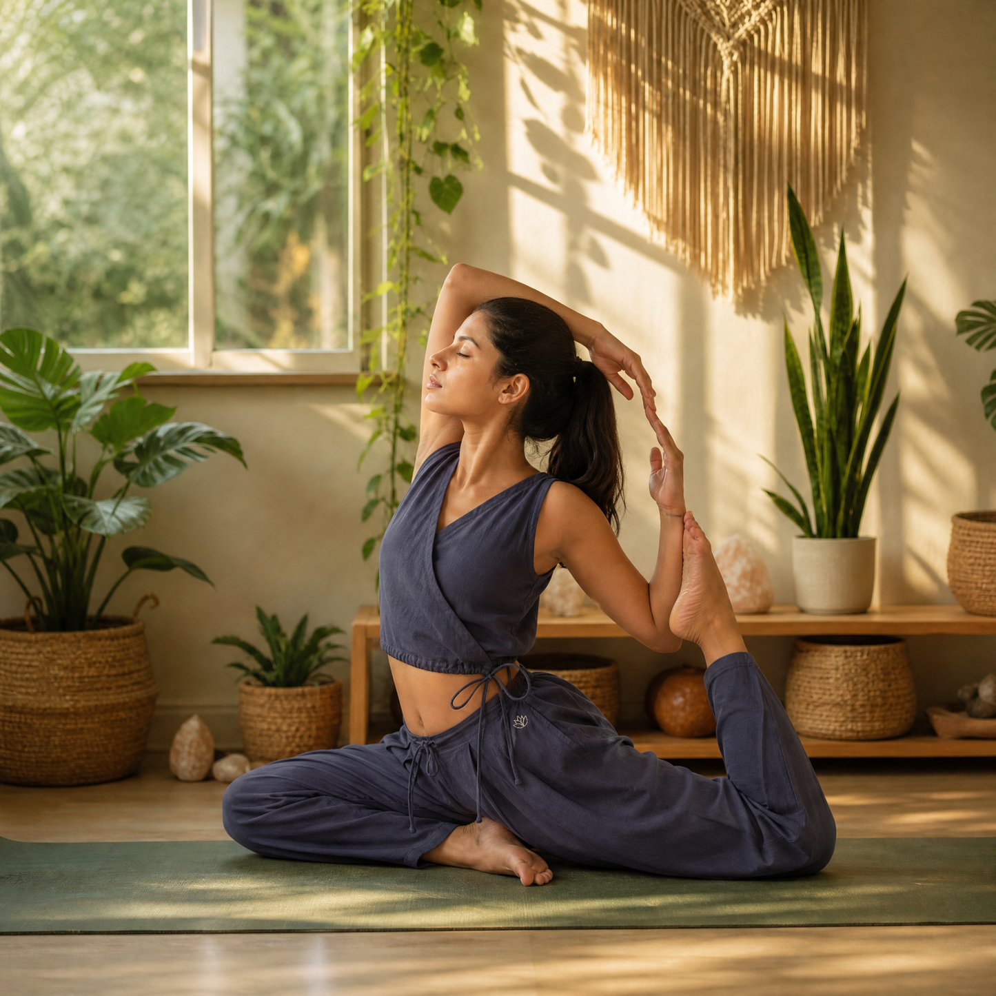 Sama Yoga Set of 2 (Top & Pants) 100% Cotton Sleeveless V Neck Short Top with Side Tie and mid waist pants Elasticised back tapered fit with box pleats- In Celtic Blue
