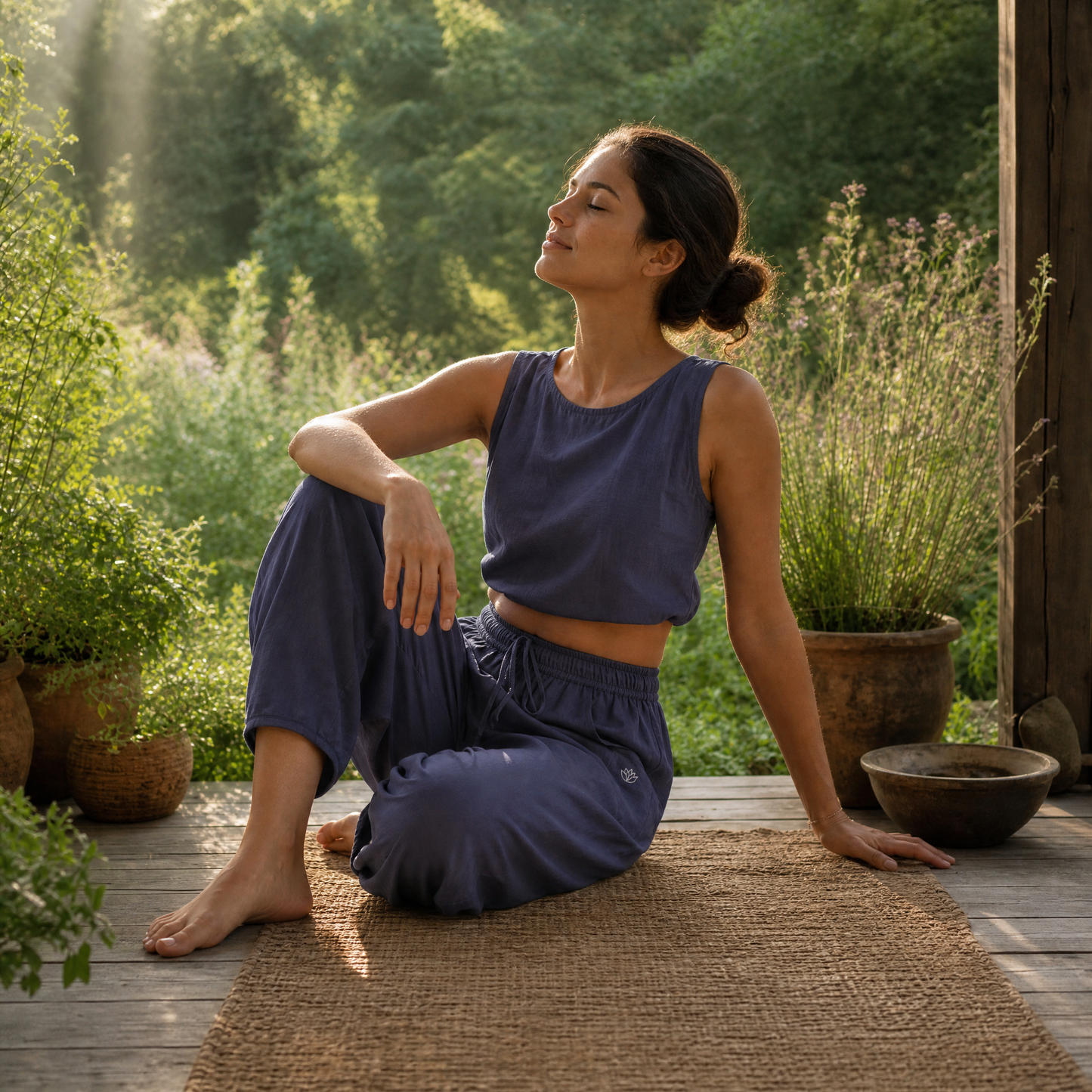 Sukha Yoga Set of 2 (Top & Pants) in 100% Cotton Sleeveless Round Neck Crop Top with Side Tie with baggy fit pants for comfort - Celtic Blue