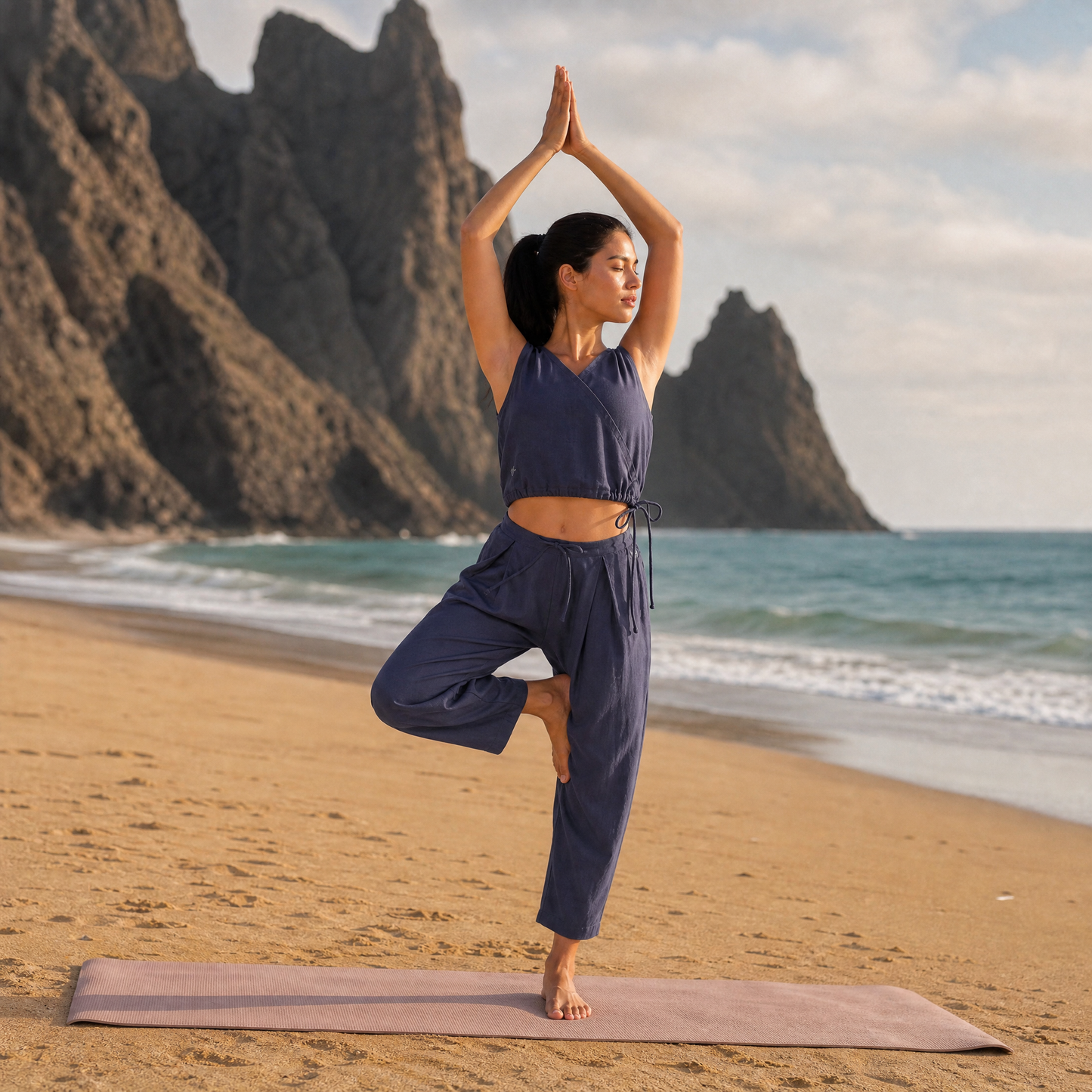 Sama Yoga Set of 2 (Top & Pants) 100% Cotton Sleeveless V Neck Short Top with Side Tie and mid waist pants Elasticised back tapered fit with box pleats- In Celtic Blue