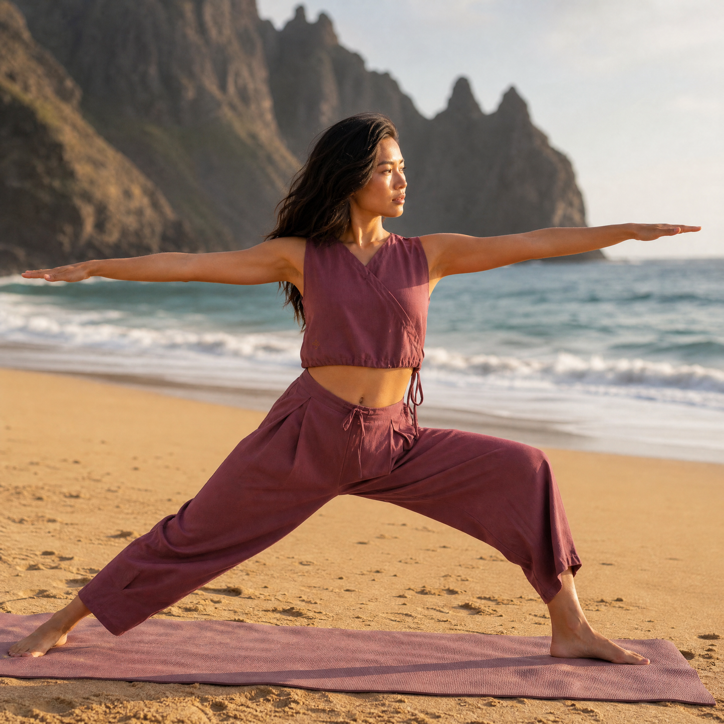 Sama Yoga Set of 2 (Top & Pants) 100% Cotton Sleeveless V Neck Short Top with Side Tie and mid waist pants Elasticised back tapered fit with box pleats- In Rose Pink