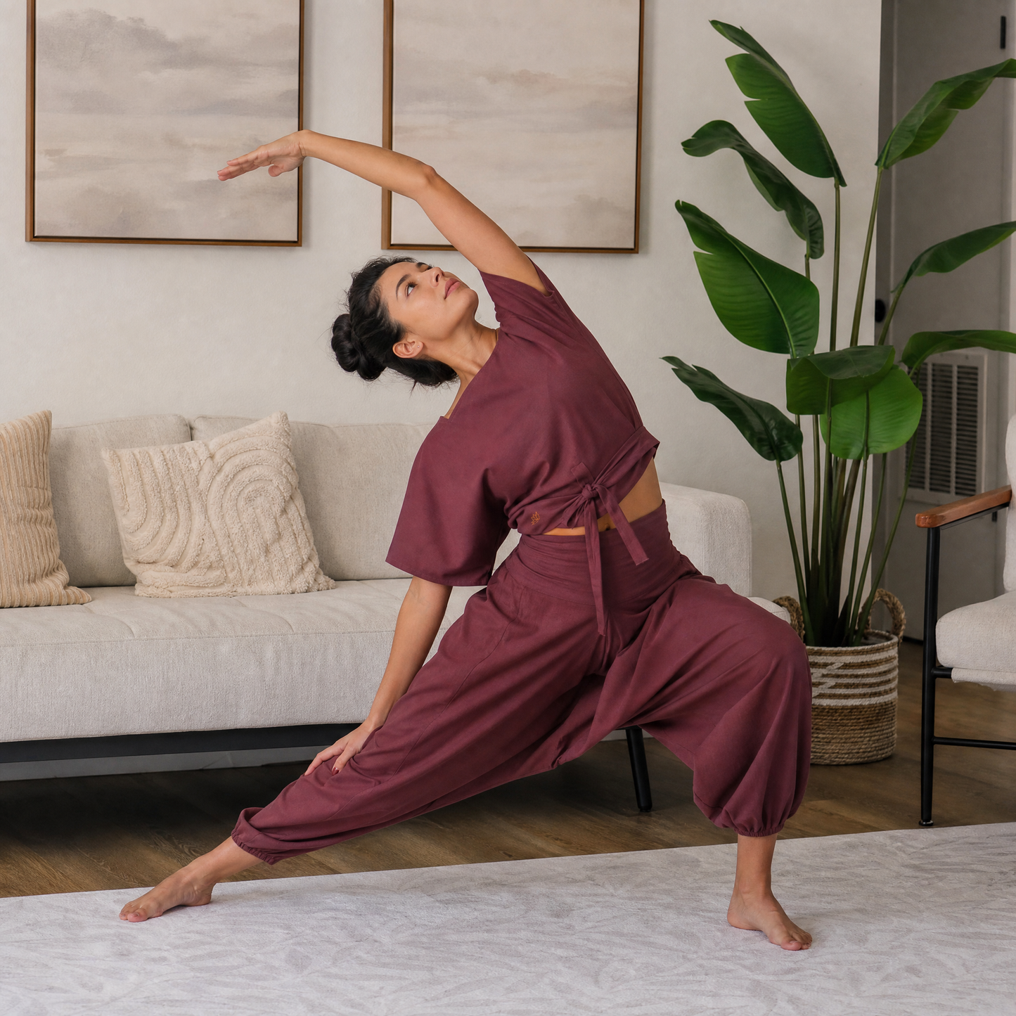 Women 100% Cotton Zero Waste Cotton Yoga Harem Pants and Yoga Top Set - In Rose Pink