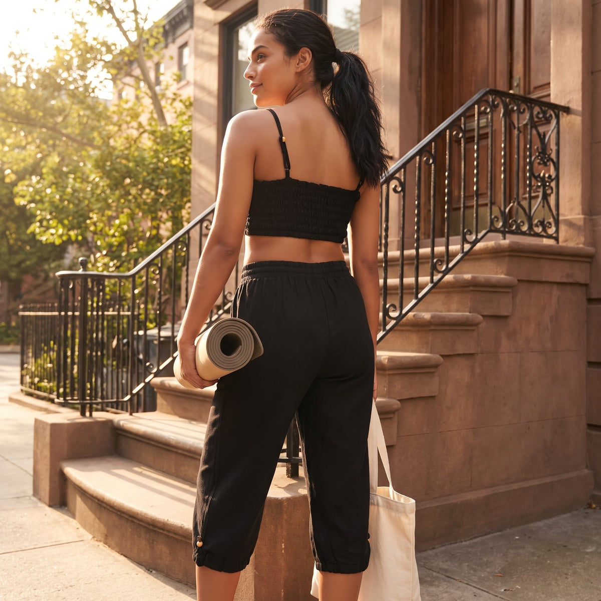 Women 100% Cotton Yoga Pants and Yoga Top - Prana Set - Black — view 14